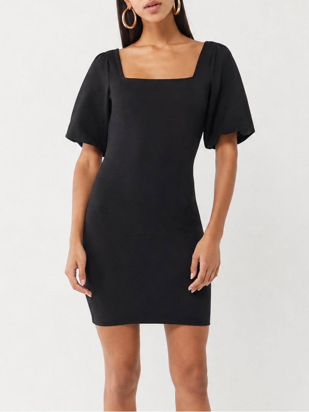 Black Square-Neck Short Puff Sleeve Bodycon Mini Dress